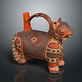Traditional Animal Shaped Pottery Sculpture Carving with Colorful Geometric Patterns and Decorative Handle
