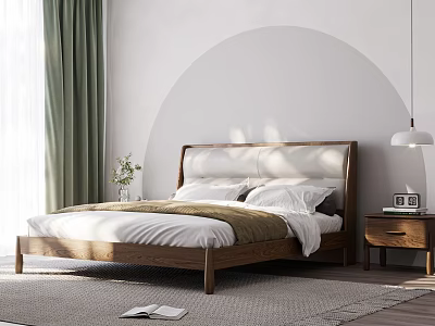 Modern Bedroom Interior With Wooden Bed Upholstered Headboard Green Curtains Rug And Natural Light 3d model