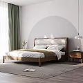 Modern Bedroom Interior With Wooden Bed Upholstered Headboard Green Curtains Rug And Natural Light