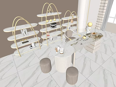 Elegant Modern Tea Table And Chairs With Golden Arched Shelves Marble Tabletop And Stools 3d model