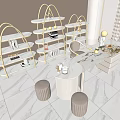 Elegant Modern Tea Table And Chairs With Golden Arched Shelves Marble Tabletop And Stools