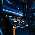 Futuristic Sci Fi Control Room With People Walking Blue Orange Lighting And Consoles