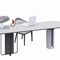 Modern Office Desk With Laptop Desk Lamp Bottle Chair Light Surface And Unique Leg Design