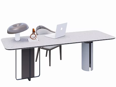 Modern Office Desk With Laptop Desk Lamp Bottle Chair Light Surface And Unique Leg Design 3d model