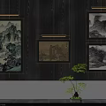 Elegant Abstract Paintings Hanging On Dark Wooden Wall With Green Plant