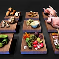 Whole Pig and Whole Chicken Displayed on Wooden Trays with Fresh Vegetables and Bread