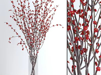 Natural Red Flower Branches Arranged In Clear Glass Vase For Home Decor 3d model
