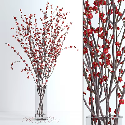 Natural Red Flower Branches Arranged In Clear Glass Vase For Home Decor 3d model