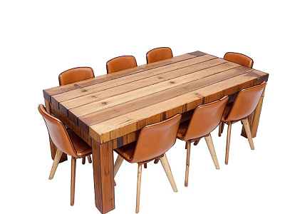 Modern Solid Wood Dining Table Set With Brown Leather Chairs And Light Legs 3d model