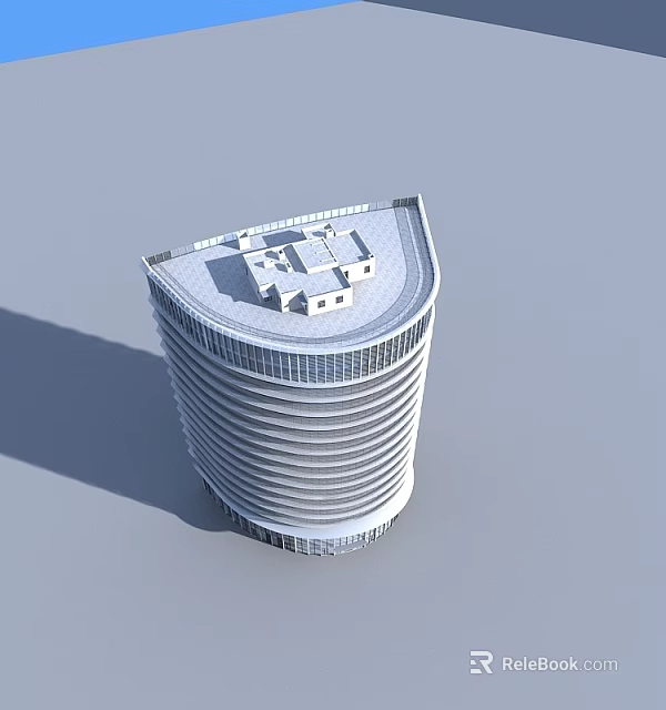 Modern Office Building With Curved Facade And Horizontal Lines Featuring Multiple Floors And Roof Structures 3d model 