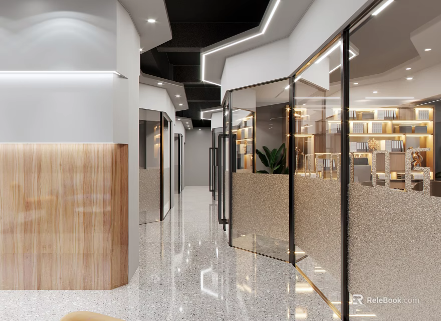 Modern Office Corridor With Glass Partitions Bookshelves Lighting Green Plants And Sleek Flooring 3d model 