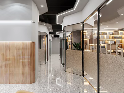 Modern Office Corridor With Glass Partitions Bookshelves Lighting Green Plants And Sleek Flooring 3d model