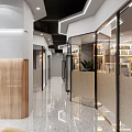 Modern Office Corridor With Glass Partitions Bookshelves Lighting Green Plants And Sleek Flooring