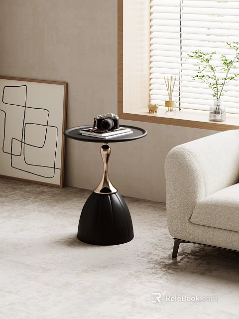 Modern Side Table with Camera and Book in Living Room with Sofa and Artwork 3d model 
