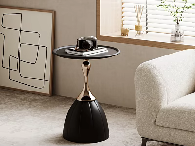 Modern Side Table with Camera and Book in Living Room with Sofa and Artwork 3d model