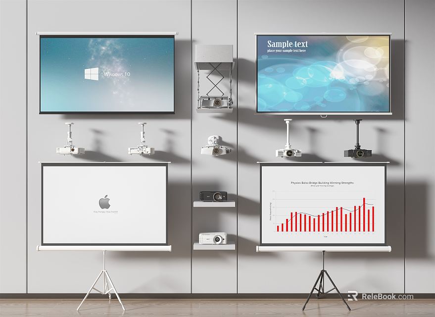 Projection Monitoring System with Multiple Projector Screens and Wall Mounted Brackets 3d model 