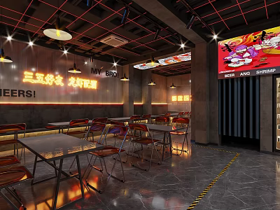 Hot Pot Restaurant Interior For Friends Gathering With Fresh Ingredients And Cartoon Murals 3d model