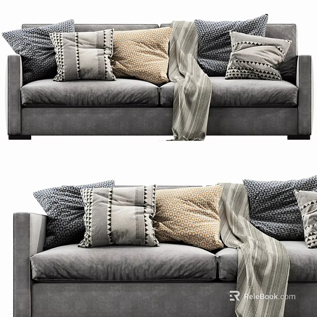 Cozy Gray Double Sofa With Patterned Pillows And Neutral Tones Throw Blanket 3d model 