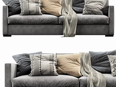 Cozy Gray Double Sofa With Patterned Pillows And Neutral Tones Throw Blanket 3d model