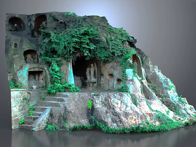 Ancient Cave Grotto With Lush Vines And Stone Steps Natural Scenery 3d model