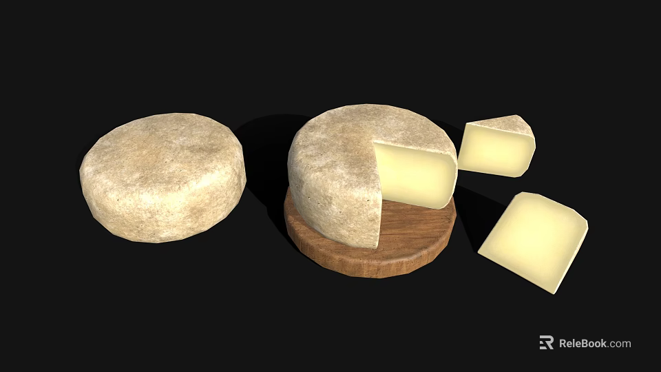Whole Round Artisanal Cheese with Sliced Pieces on Wooden Board 3d model 