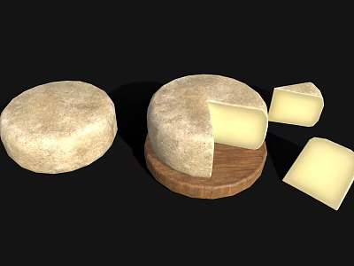 Whole Round Artisanal Cheese with Sliced Pieces on Wooden Board 3d model