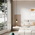 Minimalist Modern Bedroom With Neutral Tones Upholstered Headboard Pendant Light And Abstract Painting