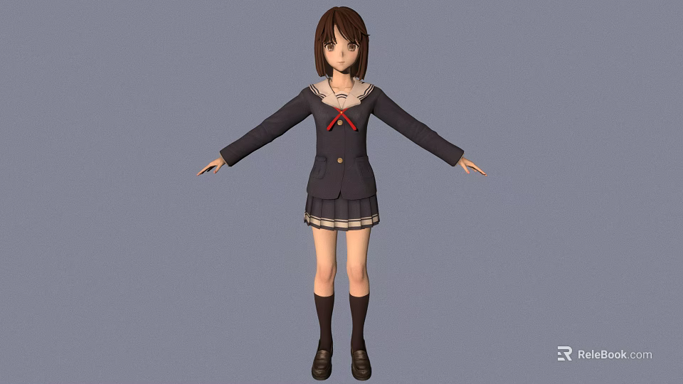 Anime School Girl With Brown Short Hair Dark Coat Red Bow And Plaid Skirt 3d model 
