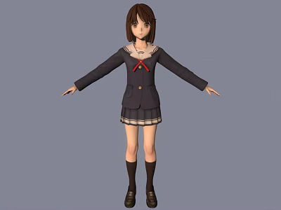 Anime School Girl With Brown Short Hair Dark Coat Red Bow And Plaid Skirt 3d model
