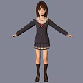 Anime School Girl With Brown Short Hair Dark Coat Red Bow And Plaid Skirt