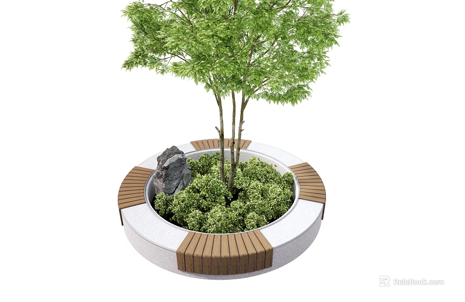 Outdoor Chair with Circular Wooden Seating Around Tree Stone and Green Foliage 3d model 