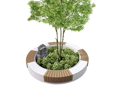 Outdoor Chair with Circular Wooden Seating Around Tree Stone and Green Foliage 3d model
