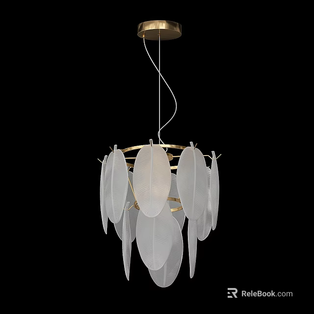 Elegant Modern Chandelier With White Leaf Shaped Glass And Gold Frame 3d model 