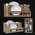 Tableware Set with Wooden Storage Organizer Holding White Plates Spoons and Utensils