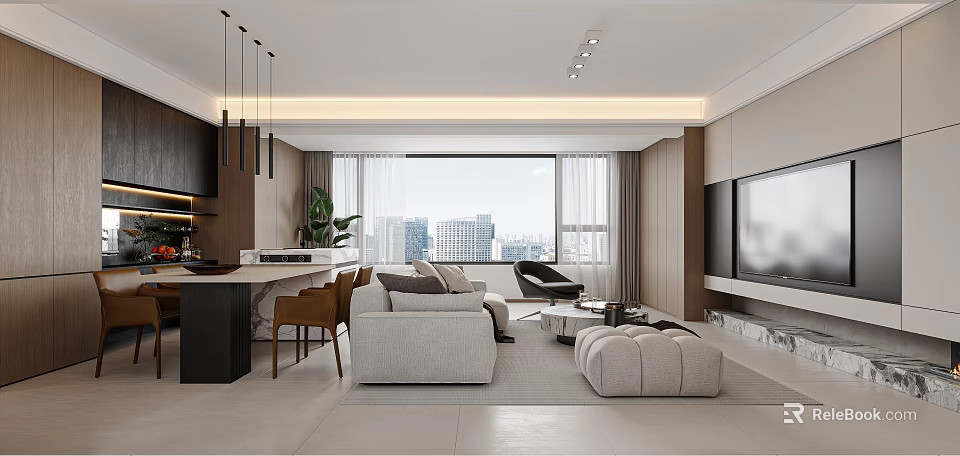 Modern Living Dining Room With Sofa Coffee Table And City View Through Large Window 3d model 