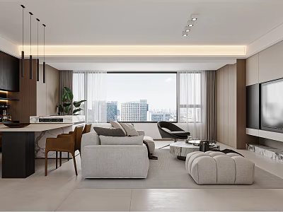 Modern Living Dining Room With Sofa Coffee Table And City View Through Large Window 3d model