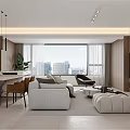 Modern Living Dining Room With Sofa Coffee Table And City View Through Large Window