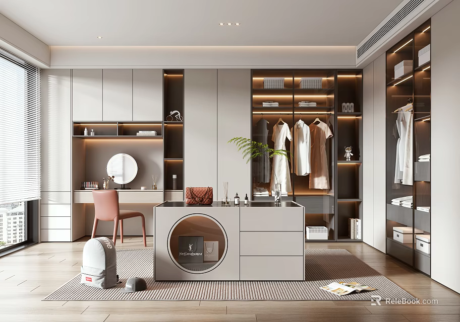 Modern Walk in Closet Interior With Open Wardrobes Hanging Clothes Dressing Table Mirror And Drawers 3d model 