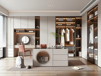 Modern Walk in Closet Interior With Open Wardrobes Hanging Clothes Dressing Table Mirror And Drawers 3d model