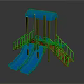 Blue Canopy Double Slide Playground Equipment With Orange Pillars And Yellow Handrails