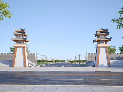 Symmetrical Chinese Style Towers Along Wide Road With City Wall And Trees Under Clear Sky 3d model