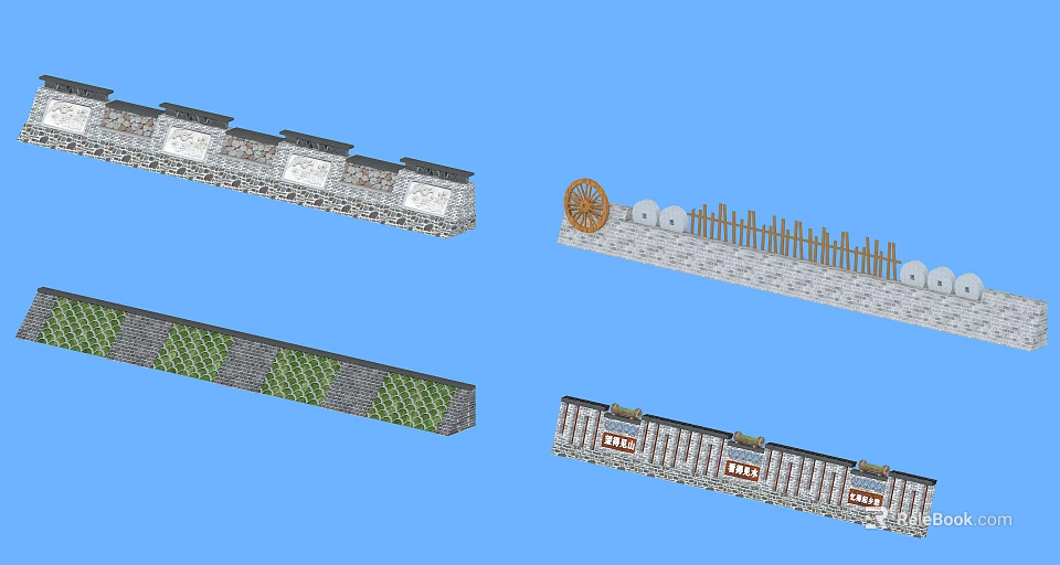 Creative Garden Wall Designs With Stone Bricks Green Plants And Decorative Elements 3d model