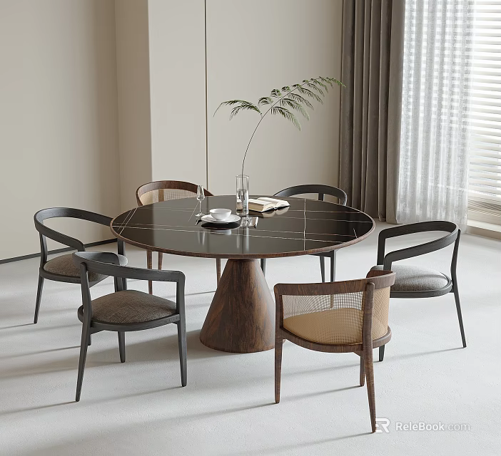 Contemporary Round Dining Table Set With Wooden Base And Chairs Including Tabletop Greenery And Tableware 3d model 