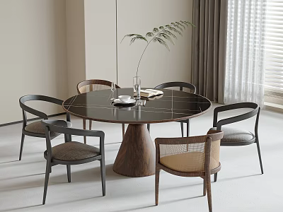 Contemporary Round Dining Table Set With Wooden Base And Chairs Including Tabletop Greenery And Tableware 3d model