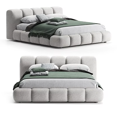 Modern Double Bed With Padded Headboard Light Gray Frame And Green Bedding 3d model