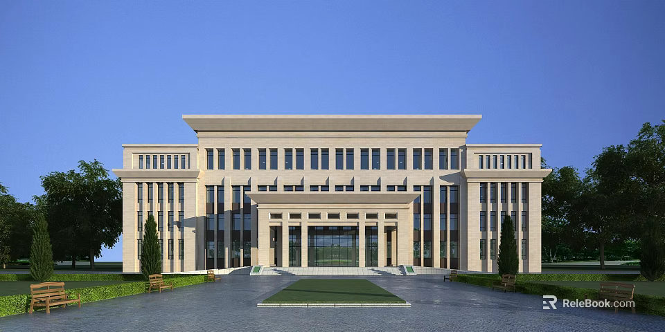 Modern Beige Office Building With Symmetrical Design Large Windows Front Entrance Lawn And Trees 3d model 