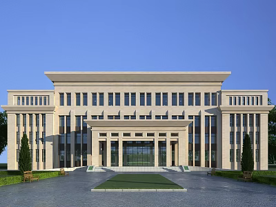 Modern Beige Office Building With Symmetrical Design Large Windows Front Entrance Lawn And Trees 3d model