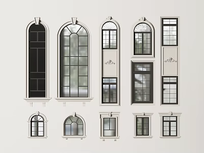 Various Window Designs With Decorative Frames And Different Glass Patterns 3d model