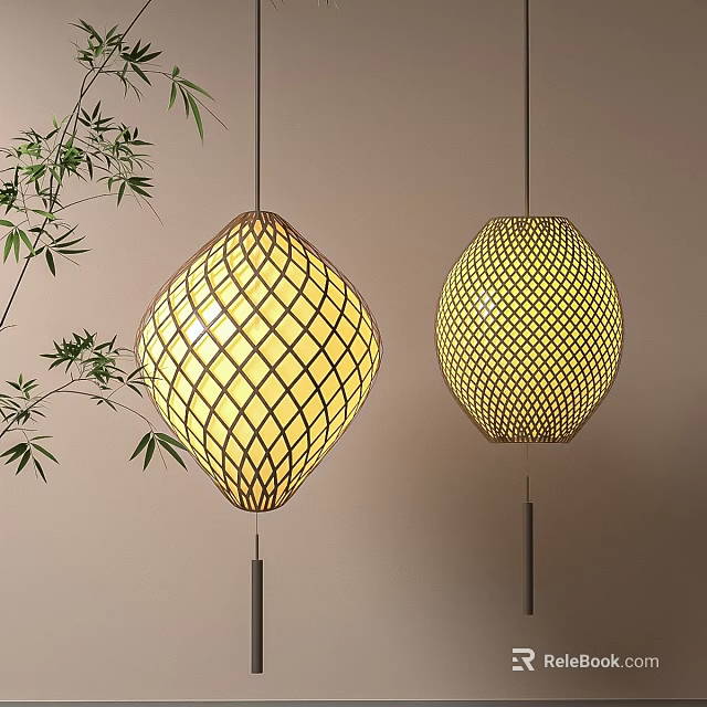 Illuminated Woven Bamboo Lanterns In Diamond And Round Shapes With Bamboo Branches 3d model 