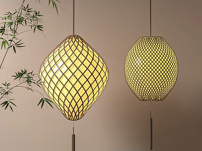 Illuminated Woven Bamboo Lanterns In Diamond And Round Shapes With Bamboo Branches 3d model